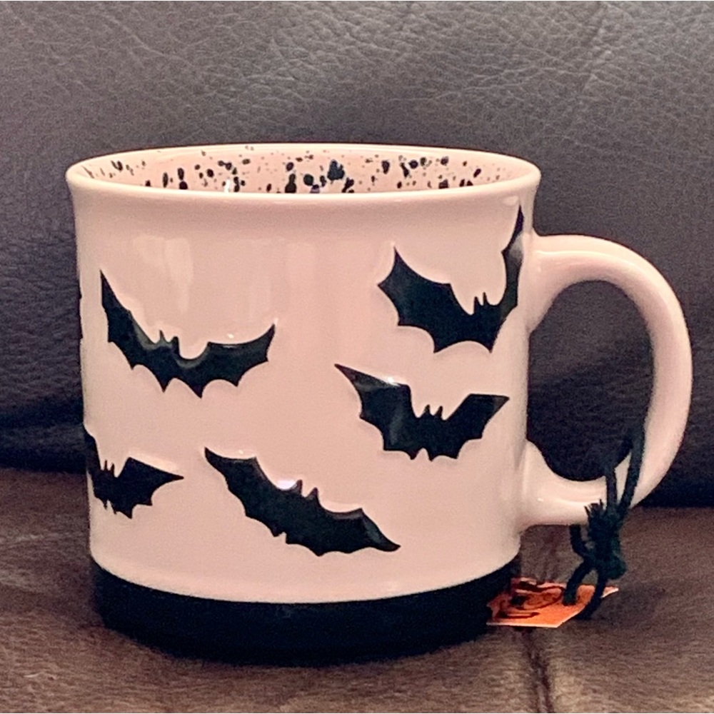 Pink Mug with Black Bats Toil and Trouble Ceramic Halloween Mug